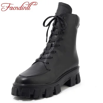 

FACNDINLL 2019 genuine leather women ankle boots black white platform shoes woman zipper punk style casual motorcycle boots
