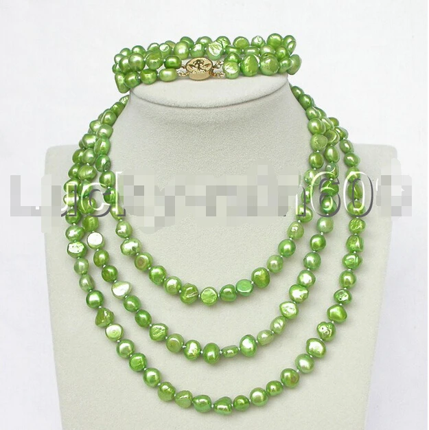 

shipping stylish 49" 8-9mm baroque laurel-green pearls necklace 2row bracelet set e1458 (A0516)
