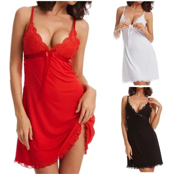 

Sexy Women Girl Lingerie with Panty Nightgown Backless V-neck Lace Silk Night Dress Black White Red Summer Sleepwear Nightdress