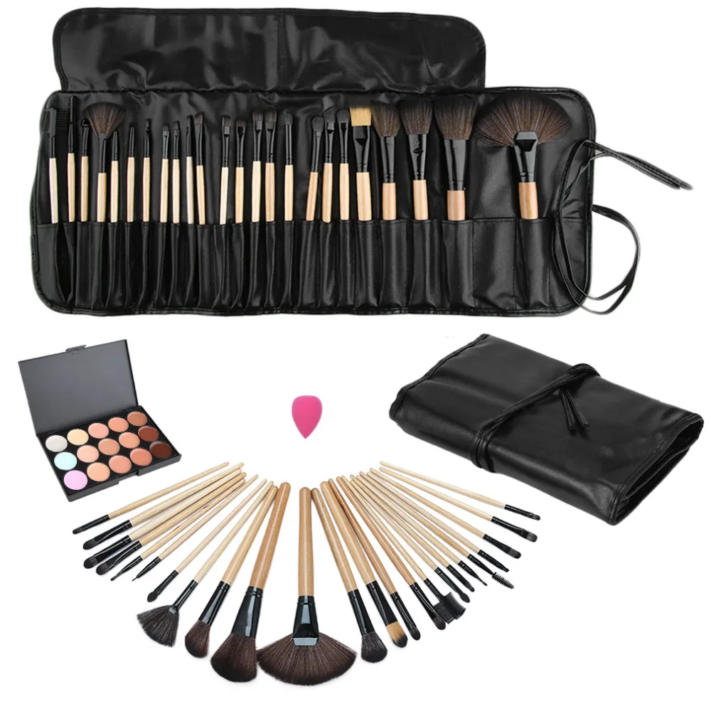 

15 Color Concealer Platte + 24pcs Pro Makeup Cosmetic Brushes + Sponge Puff make up set 2017 New Sale