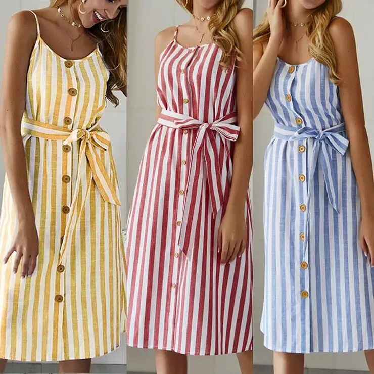 New Fashion 2019 summer women striped Button loose dress England Style Spaghetti Strap O-neck sleeveless Knee-Length dresses | Женская