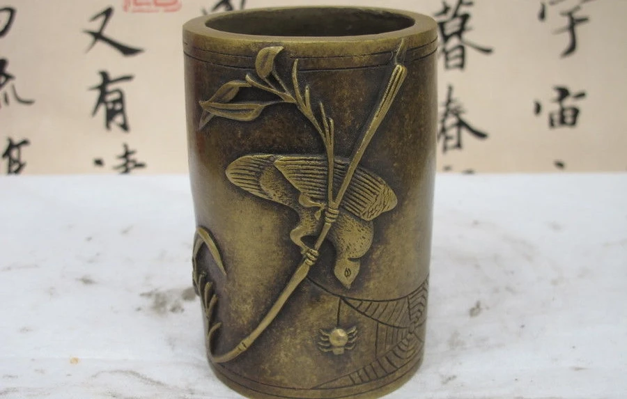 

Chinese Bronze Copper Magpie Bird Spider Bamboo Literati brush pot pencil vase