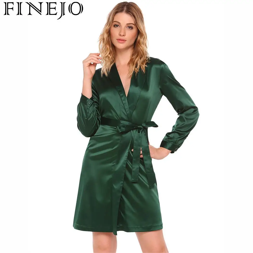 Женское атласное платье FINEJO длинное халат с отложным воротником и поясом на