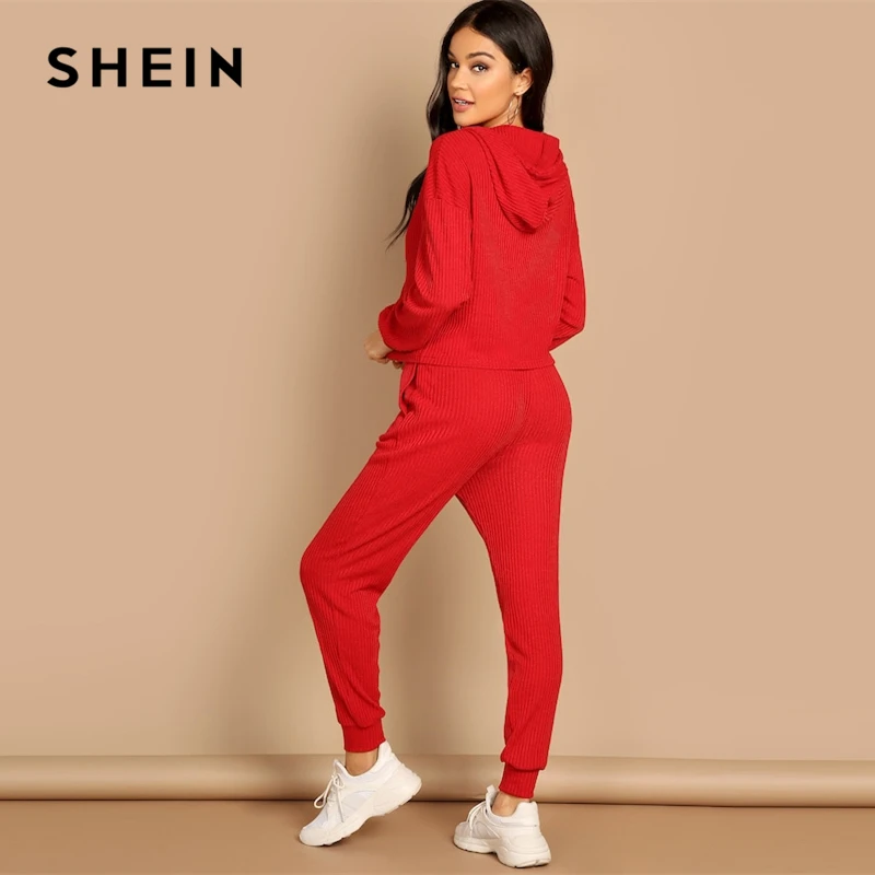 SHEIN Трикотажный Спортивный Костюм В Рубчик Стильные Брюки И Топ С Длинным Рукавом