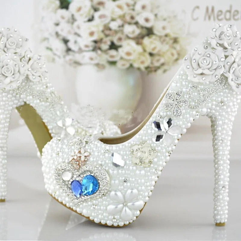 Сердце океана свадебные туфли ручной работы благородный белый жемчуг Высокий каблук платформы невесты обувь со стразами функция партии выпускного вечера туфли-лодочки