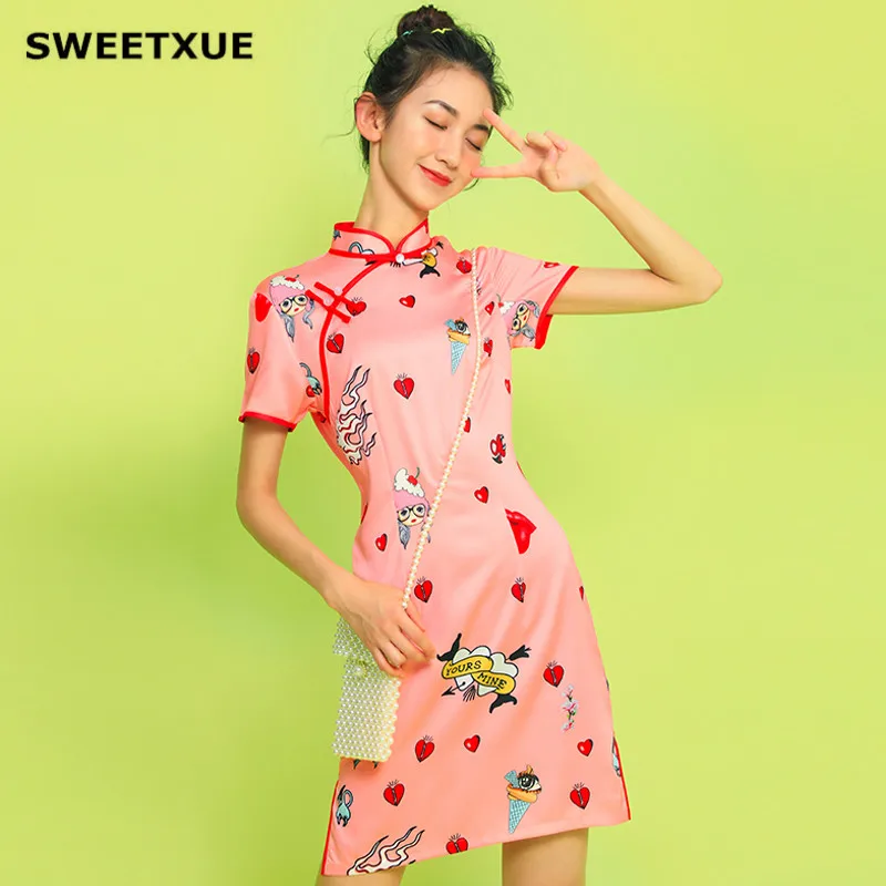 SWEETXUE розовый китайский Стиль улучшенная Cheongsam модное мини-платье 2019 Сезон лето