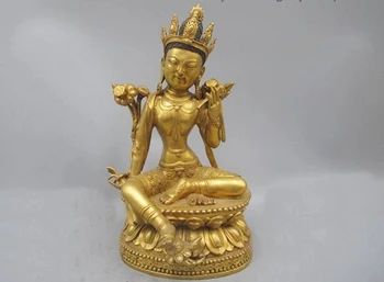 

11.5 Tibet Tibetan Pure Bronze 24K Gold Green Tara Goddess Buddha Statue