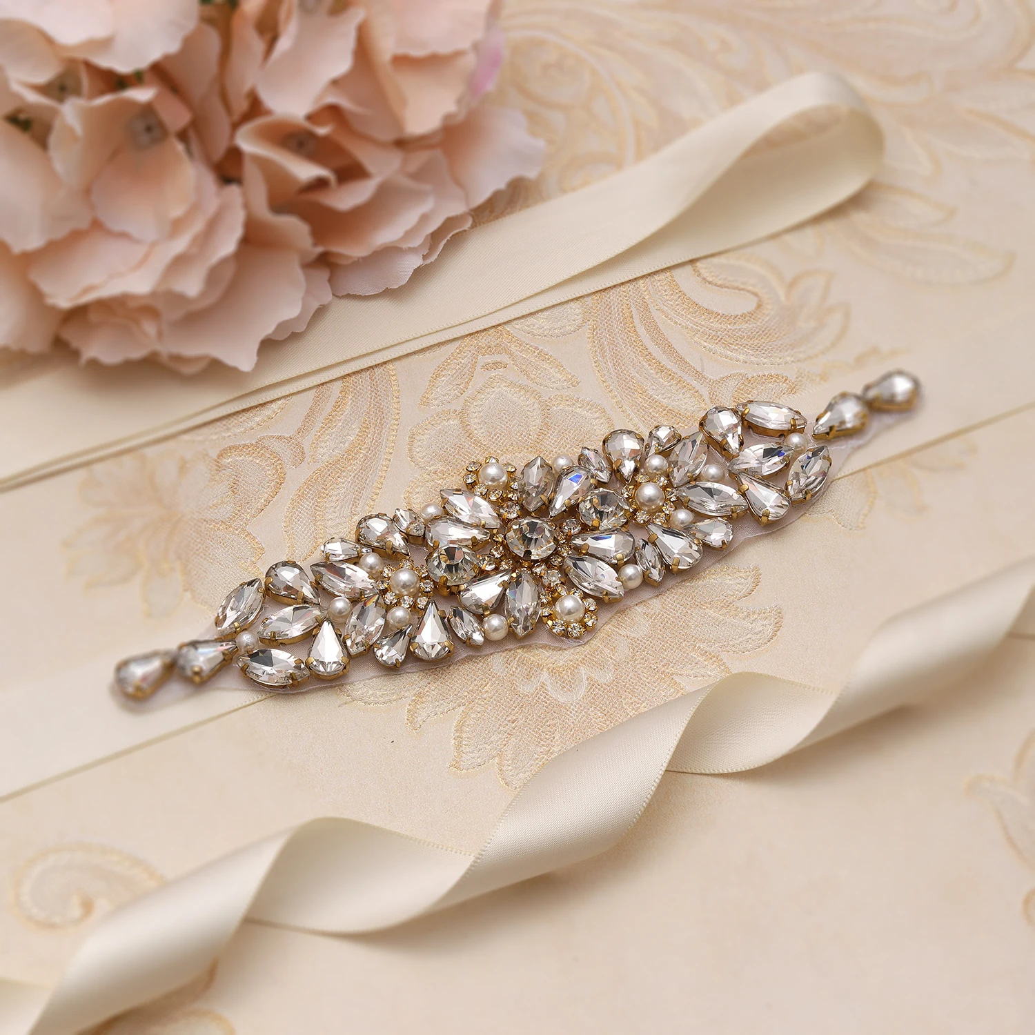 

MissRDress Gold Crystal Wedding Belt Luxury Jeweled Ribbons Sash Rhinestones Pearls Bridal Belt For Wedding Dress JK892