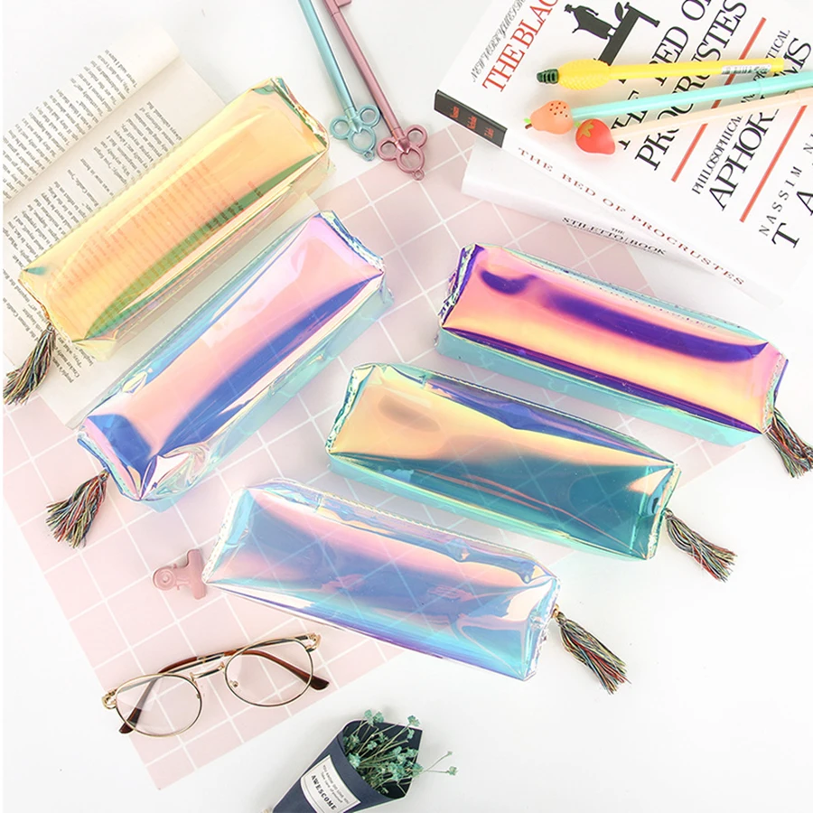 

Laser Transparent Color Pencil Bag cute pencil bag large capacity School Supplies Stationery Gifts Pencilcase Kawaii
