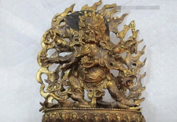 

free shipping S2199 Tibet vintage Bronze gild Fire clouds backlit Buddha Six-arm Mahakala statue bronze