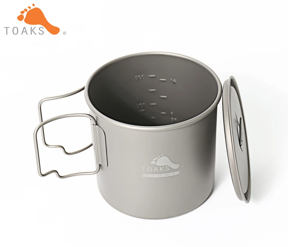 TOAKS POT-650-L taza de titanio puro versión ultraligera 0,3mm taza exterior con tapa y mango plegable utensilios de cocina de Camping 650 ml 80g