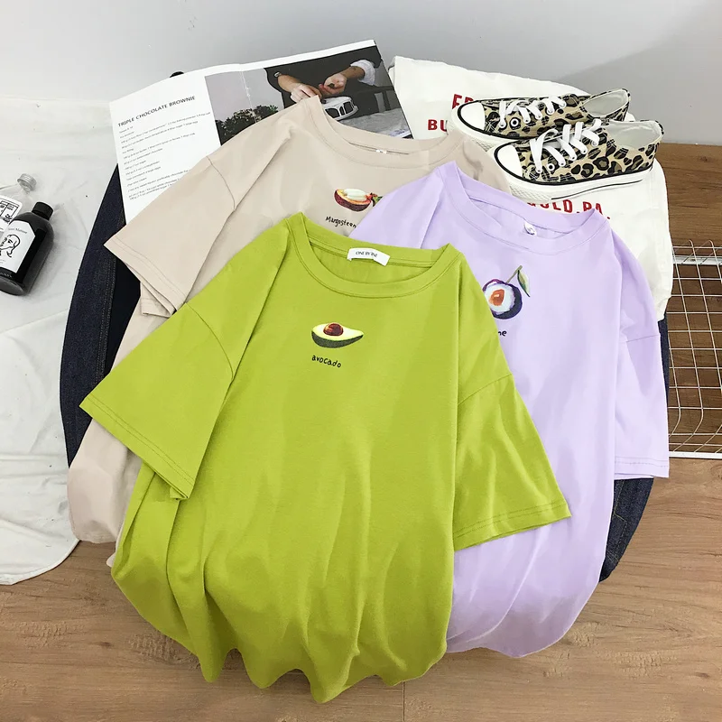

Cotton T-shirt female 2019 relaxed joker avocado green beach leisure with short sleeves