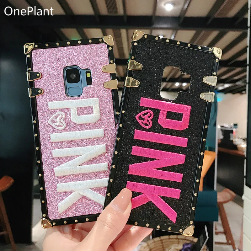 

Luxury Embroidery 3D Pink Letter Phone Case For Samsung Galaxy S9 S8 Plus Note 9 Bling Sparkle Glitter Metal Rivet Square Cover