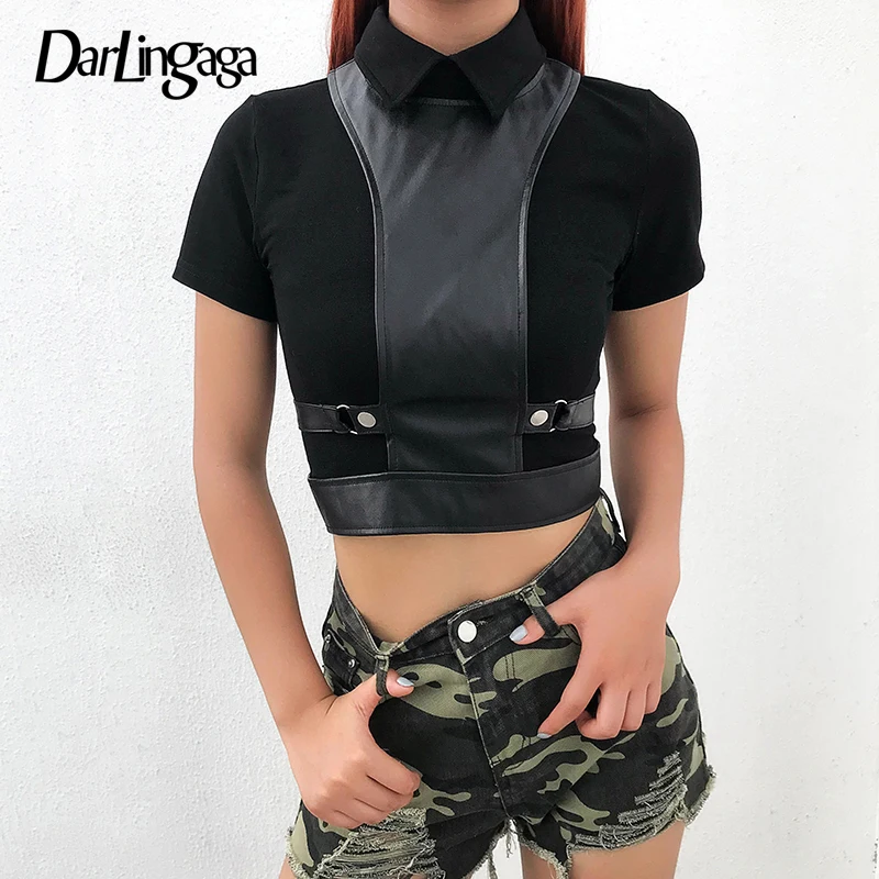 

Darlingaga Streetwear Cotton Bodycon T Shirt Slim Short Sleeve Crop Top T-shirts Summer Woman 2019 Turn-Down Collar Tee Fashion