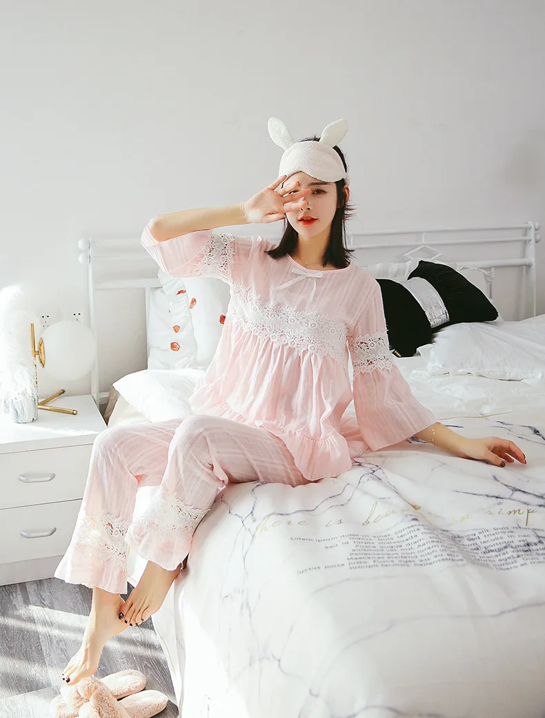 Fdfklak корейский Для женщин пижамный комплект с длинными рукавами хлопковое ночное белье пижамы Для женщин сладкий кружева Домашняя одежда