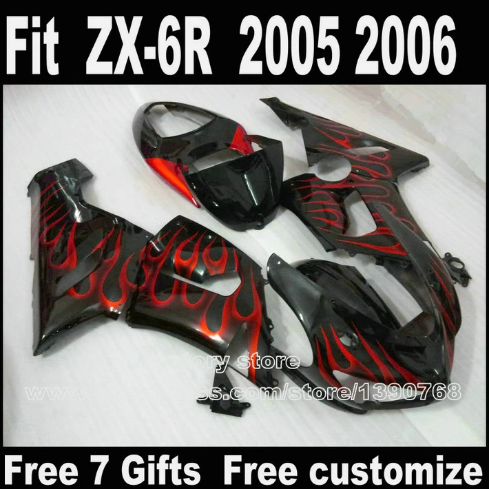

Plastic fairing kit for Kawasaki ZX6R 2005 2006 ZX-6R 05 06 Ninja 636 red flames in black fairings bodywork set LK71