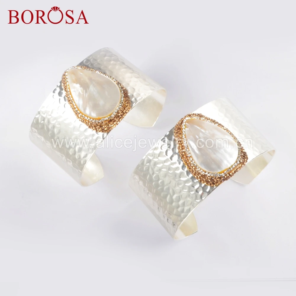 

BOROSA 5PCS Silver Color Rhinestone Pave Natural White Shell Copper Open Bangles Wide Bangle Bracelets Jewelry for Women JAB953
