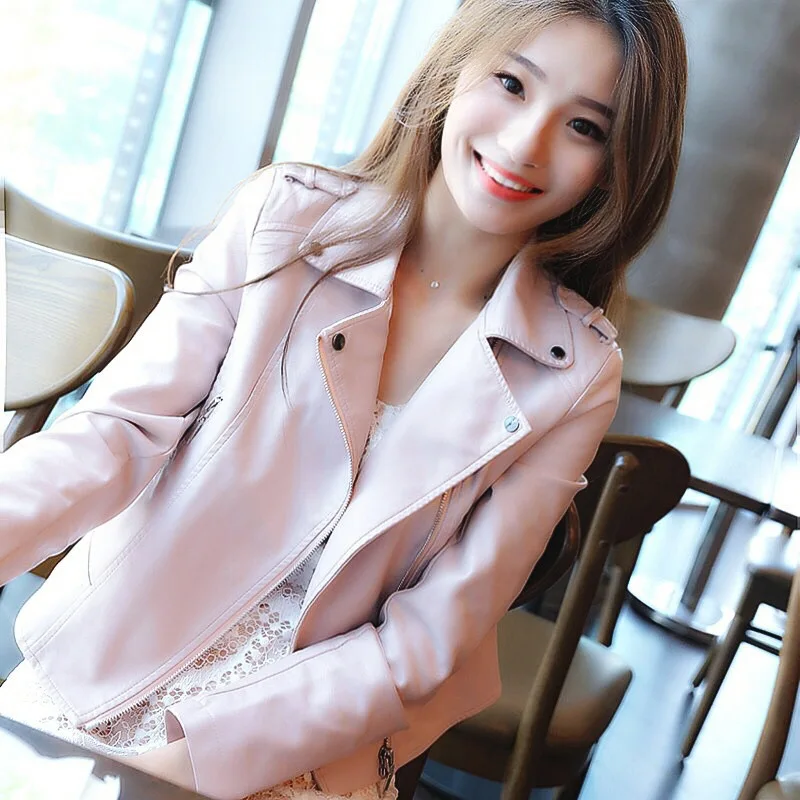 Brand Motorcycle PU Leather Jacket Women Autumn Spring New Fashion Slim Coat Zipper Outerwear Pink Jackets 2019 Short Coats HOT
