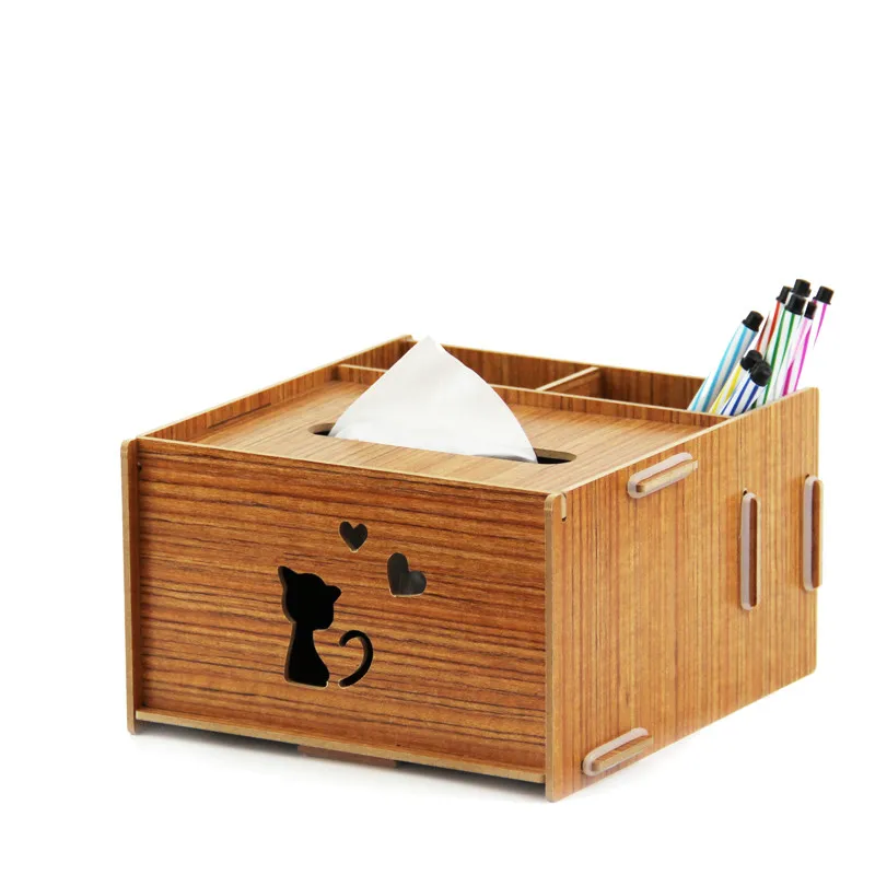 

Office desktop creative environmental wood multifunctional pumping paper box pen holder