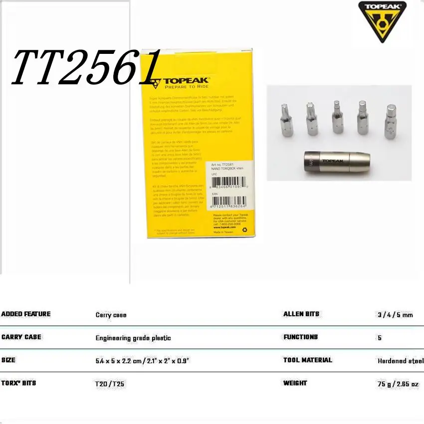 TOPEAK NANO набор TORQBOX 4NM/5NM/запасный инструмент, автомабильный инструмент, 3/4/5 мм с шестигранной головкой и T20/T25 Torx TT2561 TT2562