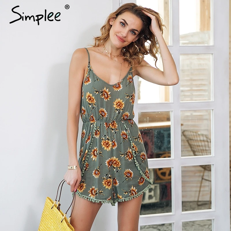 

Simplee Floral print tassel split jumpsuit Backless high waist elastic short romper 2018 Women casual summer beach playsuit