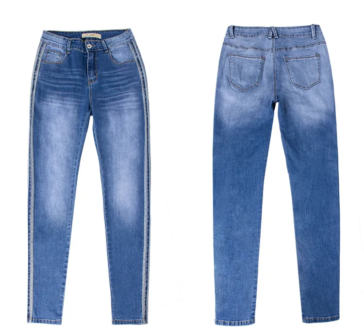 Осенние новые винтажные женские джинсы с боковой полосой, эффект усов, узкие, отбеленные, эластичные, обтягивающие джинсы, Femme, синие, пуш-ап, узкие брюки