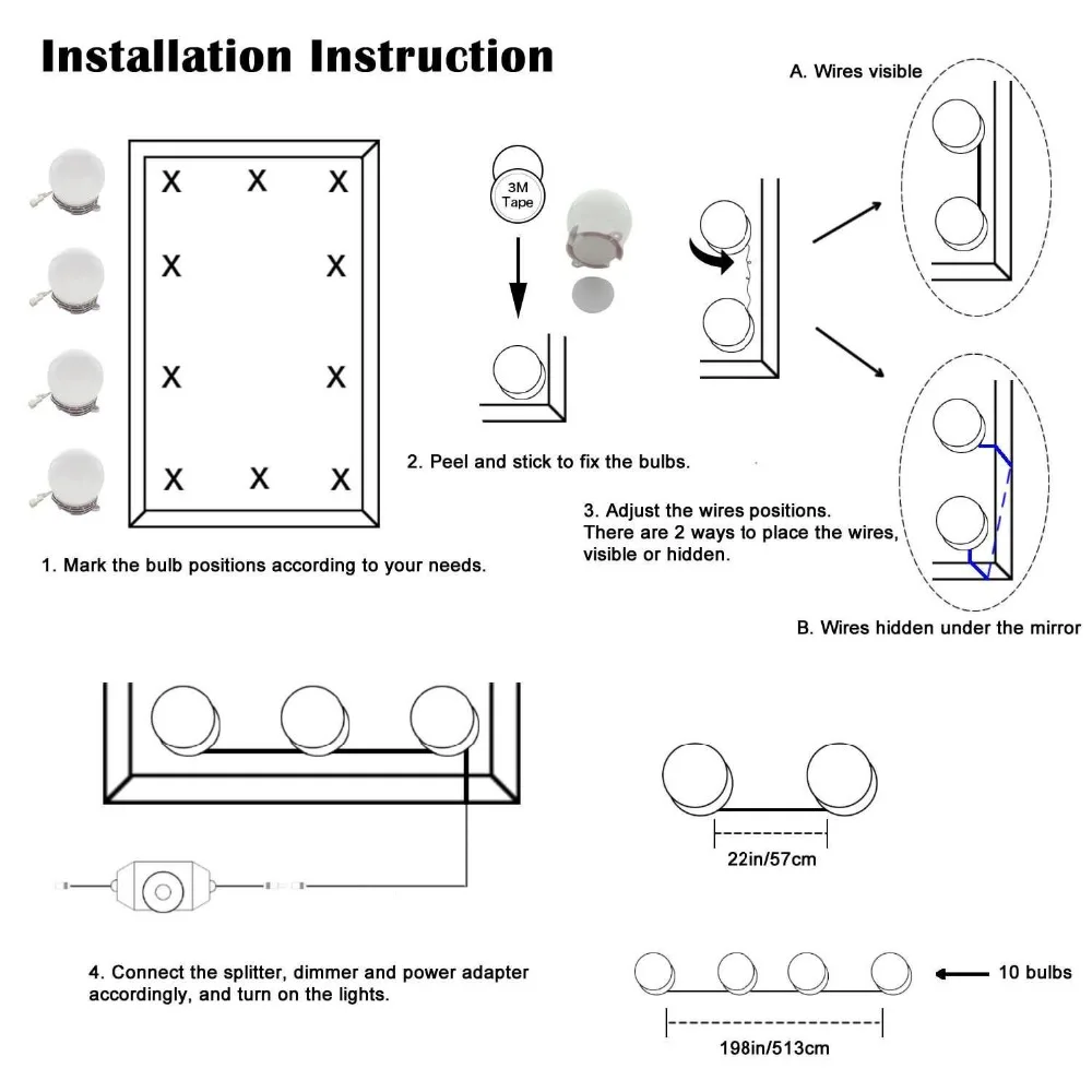 Makeup Mirror LED Lights 10 Hollywood Vanity Light Bulbs for Dressing Table with Dimmer and Plug in,Linkable,Mirror not included