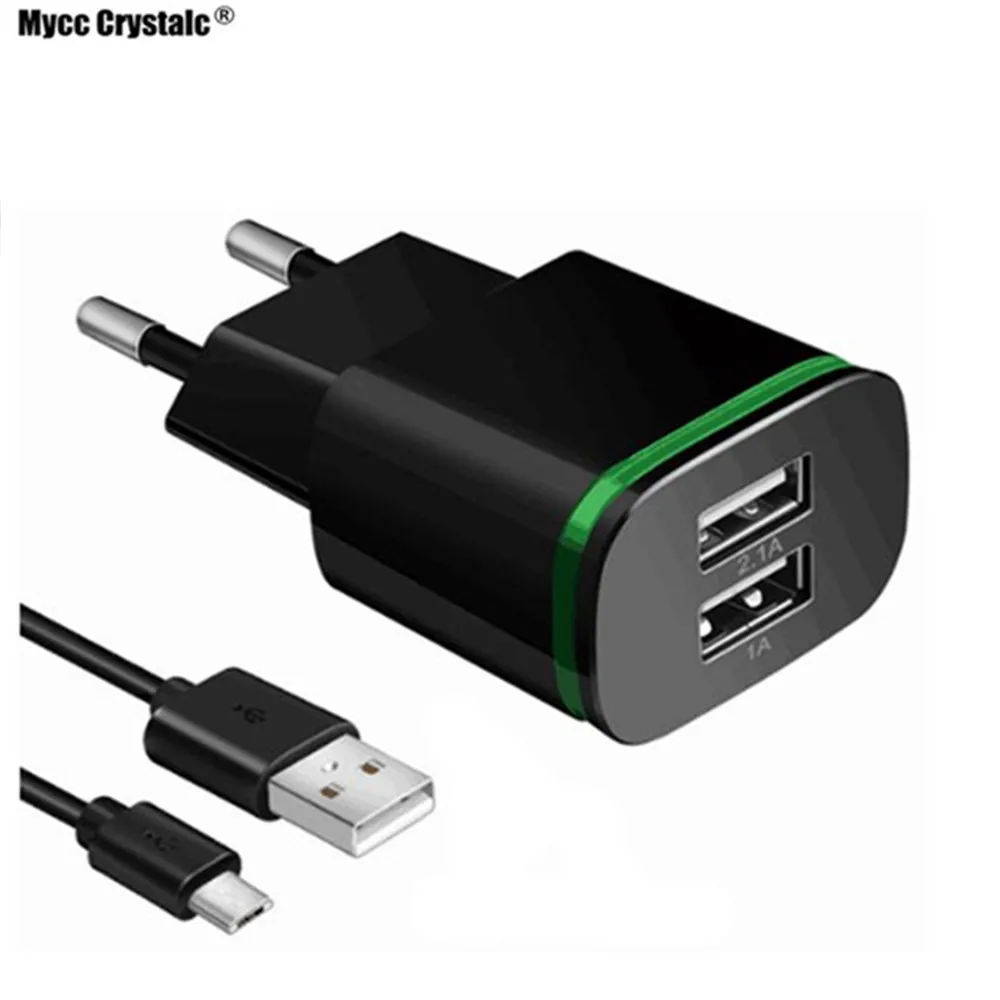 

EU Plug 2 Ports LED Light USB Charger 5V 2.1A Wall Adapter Mobile Phone Micro Data cable Charging For iPhone iPad Samsung