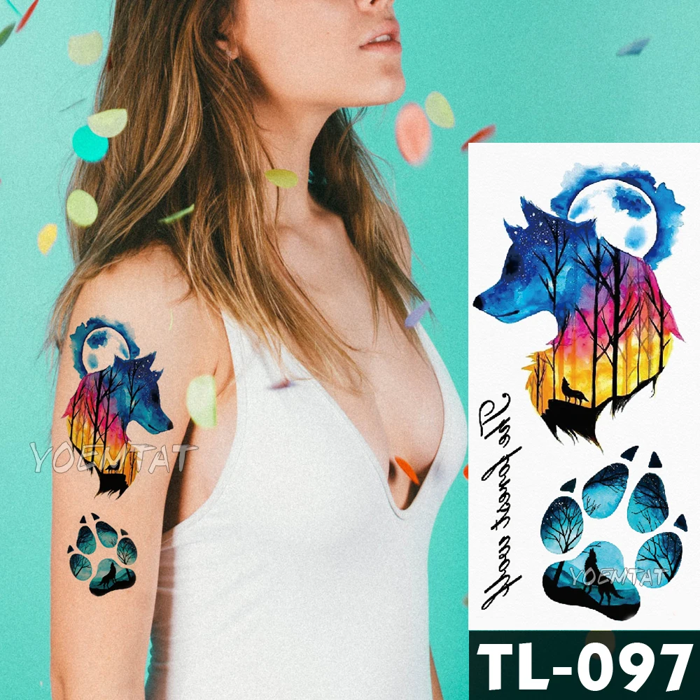 

3D Watercolor Wolf Paw Moon waterproof temporary tattoos Women Body Waist Art Drawing fake tattoo Men Arm intimate goods