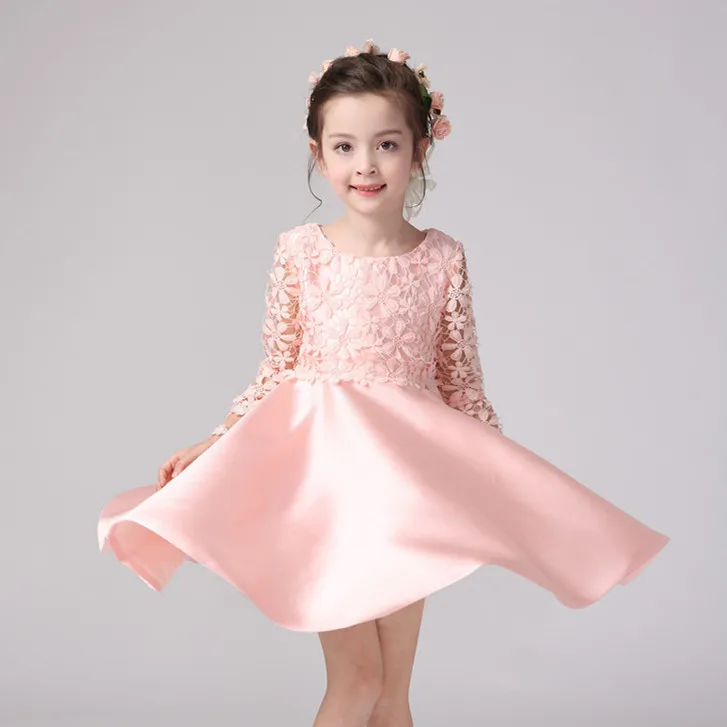 

2019 Party Wear Formal Girls Dress Pink Full Sleeve Eleghant Princess Wedding Flower Girl Vestido Fashion Girl Clothes SKF164010