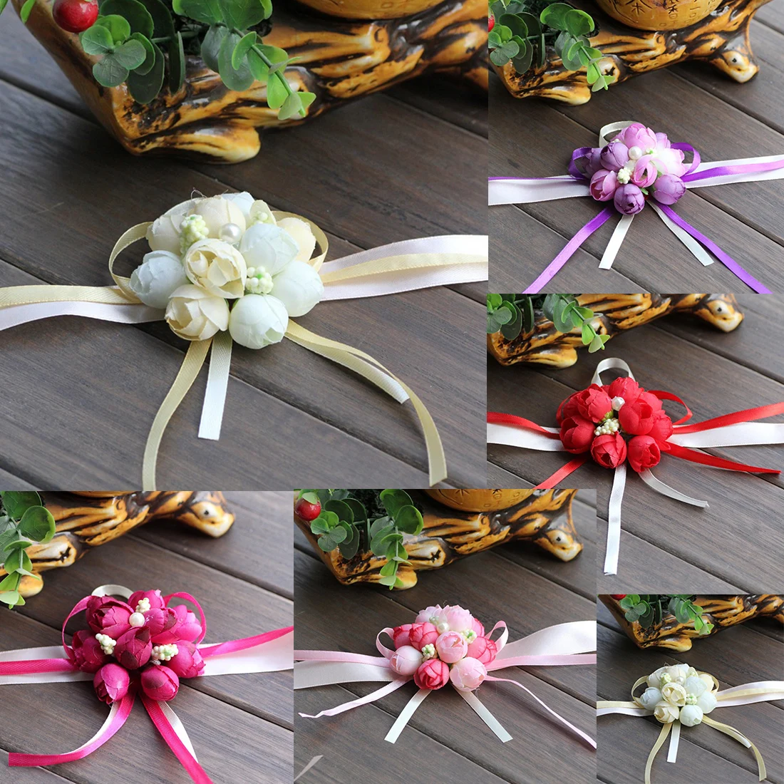 Image Wedding Ornaments Silk Bridal Bridesmaid Handmade Bouquet Hand Flowers Wrist Corsages 5Color 1pcs