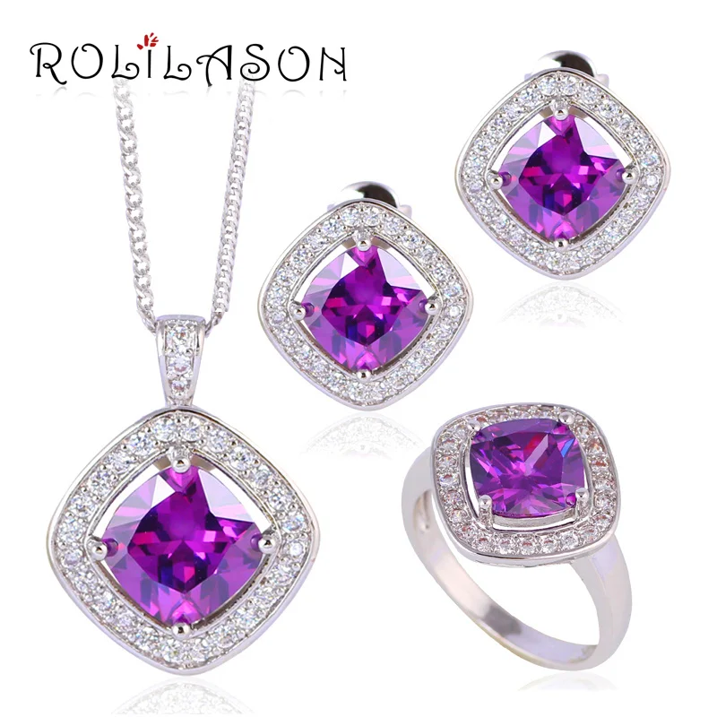 

Purple Zircon Zirconia Square Fashion jewelry Silver filled Jewelry Sets Earrings Necklace rings JS633