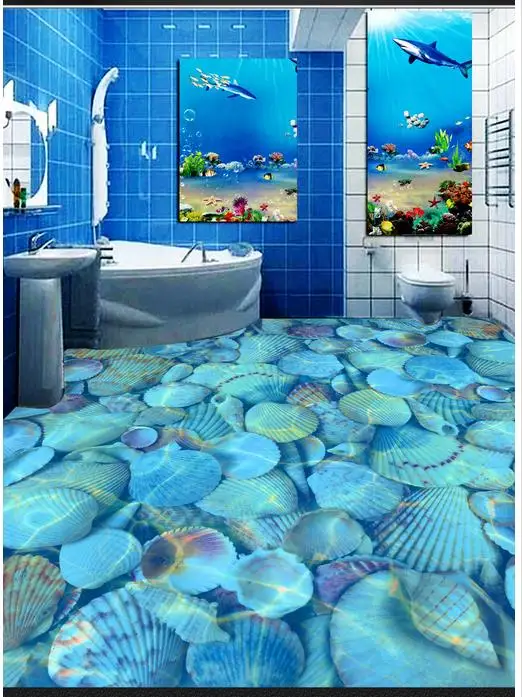Custom 3d photo wallpaper 3d flooring painting wallpaper Clear sea shells bathroom 3d floor wall 