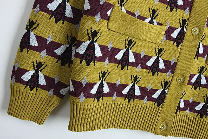 JOYDU подиумный зимний Кардиган винтажный желтый полосатый пчелиный жаккардовый v-образный вырез с длинным рукавом Трикотажный свитер женский джемпер