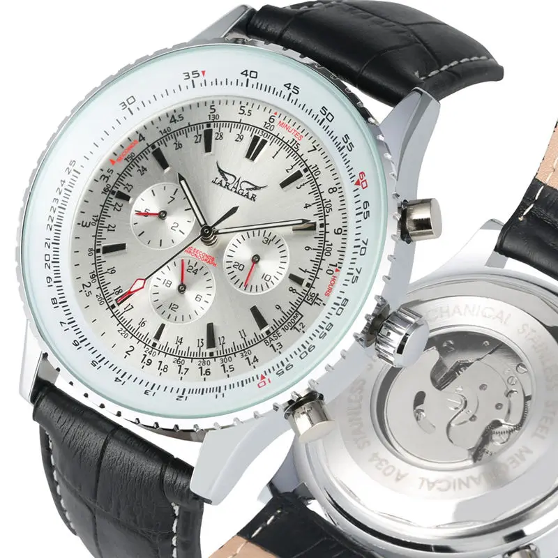 

2019 Three Eye Skeleton Watches Leather Band Automatic Mechanical Watch Calendar Function Male Clock reloj automatico de hombre