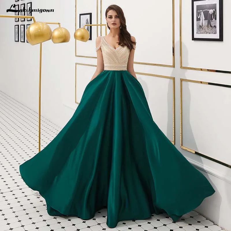 

2019 Green A-line V-neck Satin Beaded Women Party Long Prom Gown Evening Dresses Robe De Soiree Vestido De Festa