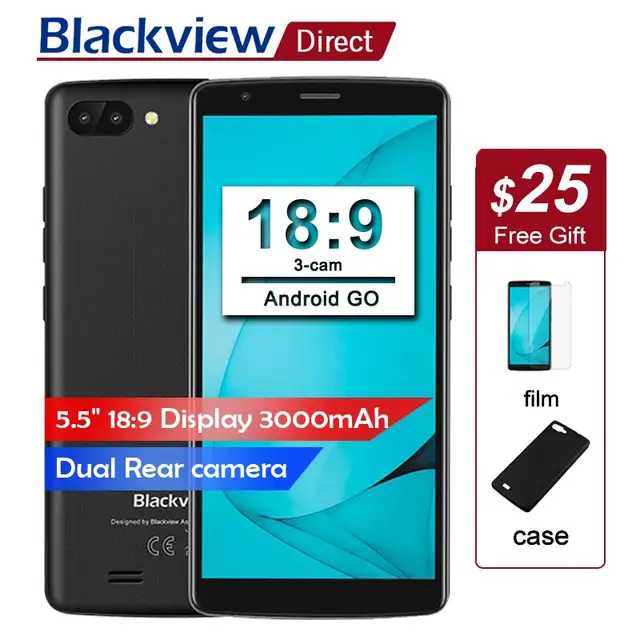 Special Offers Original Blackview A20 Smartphone 5.5 inch 18:9 Full screen Android Go cell phones dual rear Camera 5MP 1GB+8GB 3G Mobile phones