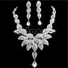 New Crystal Flower Necklace Earring Leaf Wedding Bridal Bridesmaid Jewelry Set