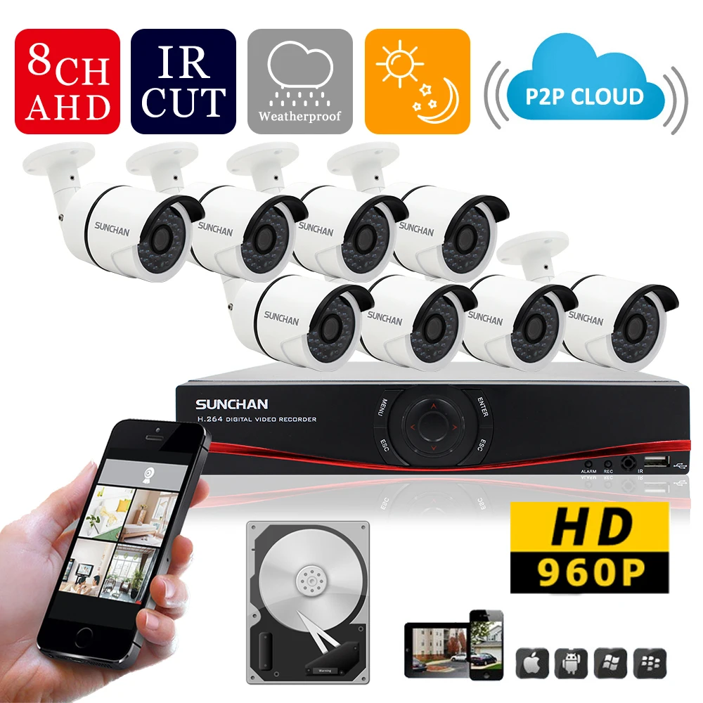 SUNCHAN 8Channel AHD DVR Kit 1500TVL CCTV System w 8pcs 1.3MP 960P AHD Camera 36 LEDs Outdoor 1080P HDMI CCTV Camera System 1TB