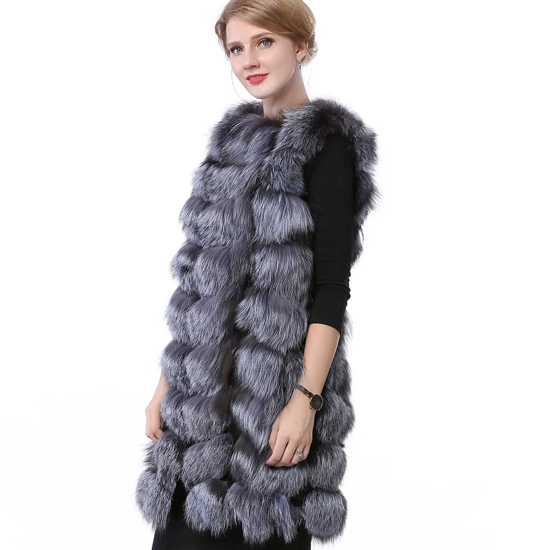 Valpeak Real Black Fox Fur Vest Winter Women Genuine Fox Fur Coat Natural Leather Fur Vest with Lining Coats