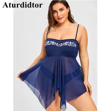 Комплект танкини размера плюс, вышитый сетчатый купальник большого размера, женский купальный костюм большого размера, комплект из двух предметов, Короткое синее пляжное платье, 5XL 4XL