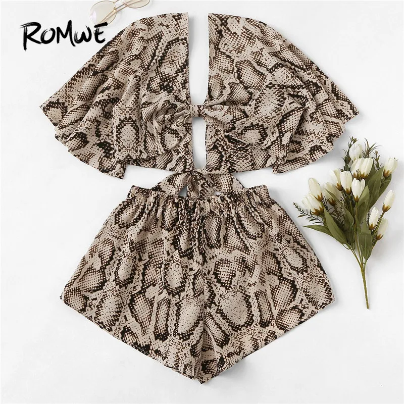 

ROMWE Flare Sleeve V Neck Knot Detail Snake Skin Print Short T Shirt With Shorts Women Co-ords Female High Street Two Piece Sets