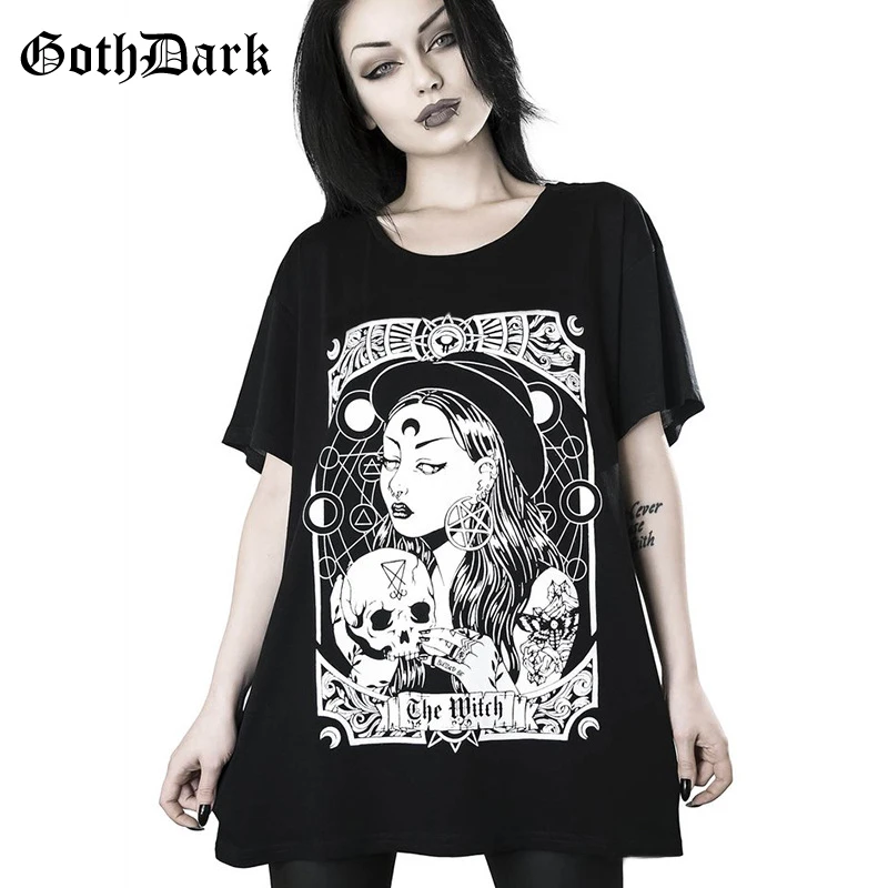 Baratos Goth negro oscuro suelto Punk Grunge gótico T shrits Harajuku Vintage otoño 2019 moda estampado camisetas femeninas estético Casual