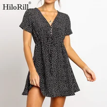 Повседневное летнее пляжное платье с коротким рукавом женское элегантное винтажное платье трапециевидной формы в горошек сексуальное мини-платье с v-образным вырезом для вечеринки