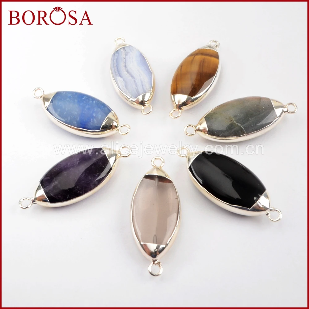 

BOROSA 10PCS Marquise Multi-kind Stones Silver Color Pendant Beads Drusy Connector Mix Colors Double Charms Jewelry WX910