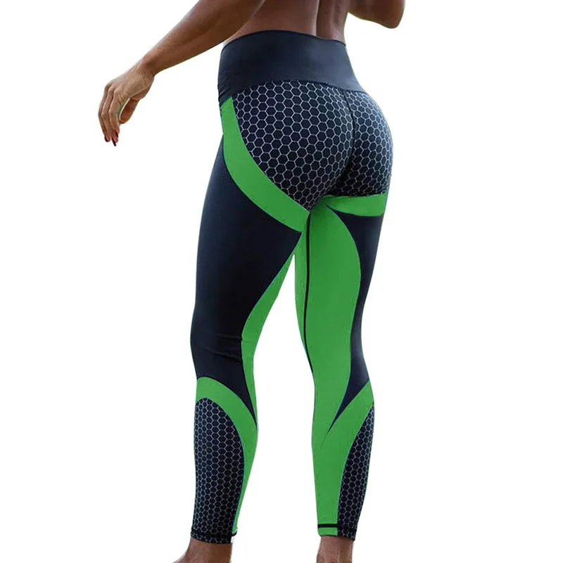 Фитнес Леггинсы геометрический вафельная цифровая печать леггинсы Высокая талия бедра дышащий полиэстер узкие штаны Для женщин леггинсы - Цвет: green