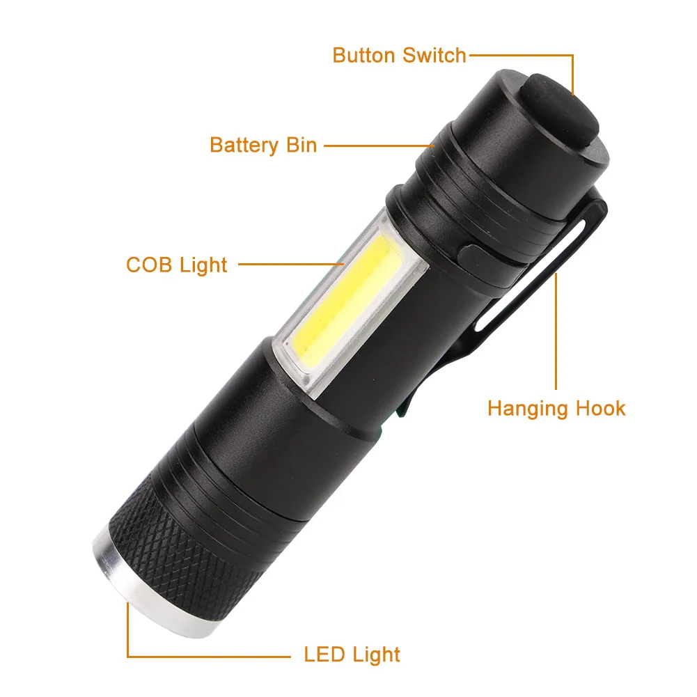 

Mini Portable LED Flashlight Zoomable Focus Torch with Clip XPE LED+COB LED Flashlight 4 Modes Penlight Hunting Camping Light