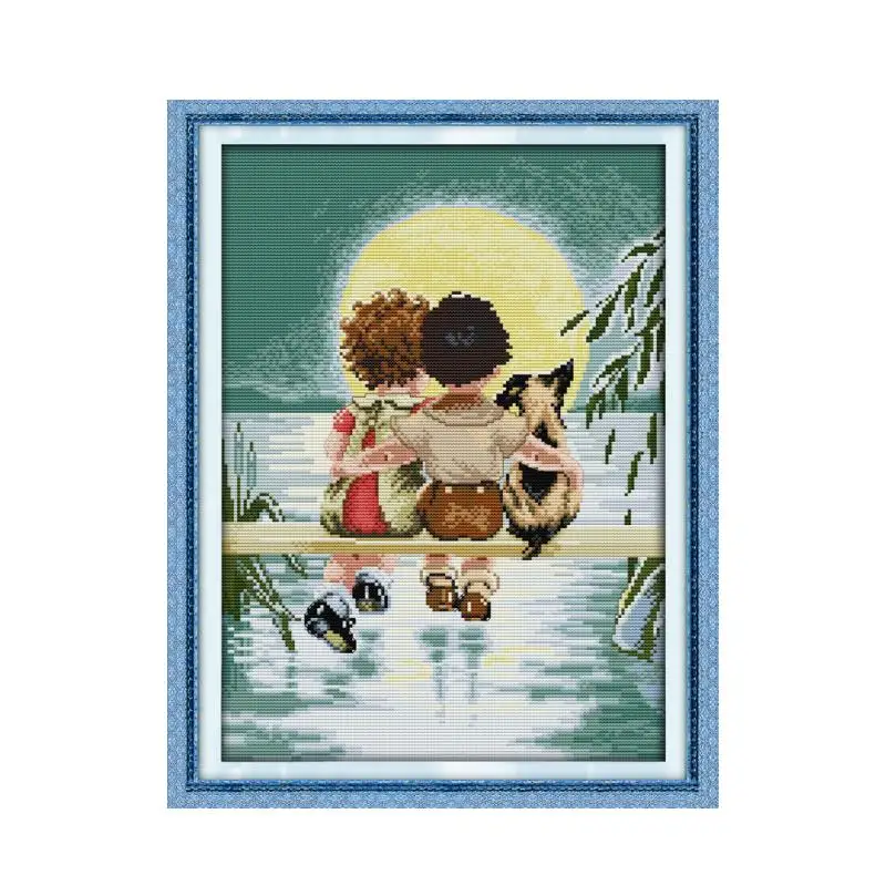 

A romantic and romantic pair of hand-embroidered cross-stitch kits on the lake bridge on the beautiful scenery of the moon