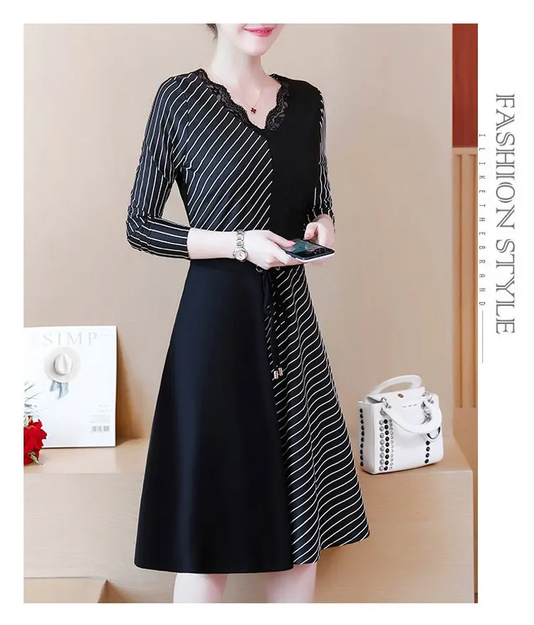 2019 Korean Fashion Women Dress Autumn Large Size Dresses Striped Patchwork Dress Ladies Lace V-Neck Long Sleeve Vestidos Robe Femme (4)