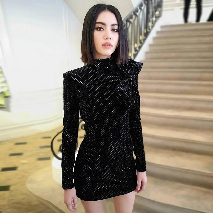 

2018 Fall Mini Long Sleeve Bowtie Little Mini Black Dress Elegant Women Lady Bodycon Bling Bling Sequined Dresses Sexy Costumes